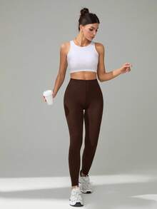 SHEIN Tall 1件套女士休闲纯色高腰紧身裤 - 棕色 - 查看 3