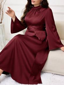 Modelyn Plus Size Elegant Solid Color Bell Sleeve Dress, Suitable For Party/Christmas - Burgundy - View 7