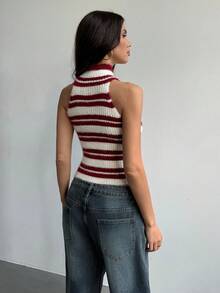 Aloruh Vintage gestreifter Rollkragen Strick Trägerhemd, Sommer, Herbst für Frauen, Damen Winter Pullover, Burgunder Top, schicker Pullover für Frauen, Tops für Ausgehen, Neujahr Frauen, Weihnachten Frauen, Halloween für Frauen, rot-weiß gestreifter Basic Pullunder, ärmelloses Pullover Top, Y2K, Old Money Stil