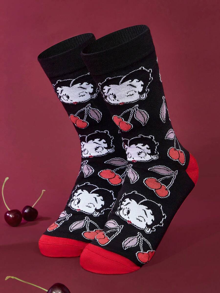 Betty Boop x SHEIN Tất cổ cao đến bắp chân, mềm mại, thoáng khí, thấm hút mồ hôi, thời trang, dễ thương, màu đen anh đào, mũi và gót được gia cố, bền bỉ, phù hợp với mọi mùa, mùa hè, mùa đông - Nhiều màu - Xem 1