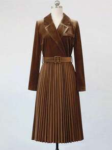 EMERY ROSE Women's Solid Color Minimalist Casual Collared Long Sleeve Pleated Dress - Coffee Brown - View 1