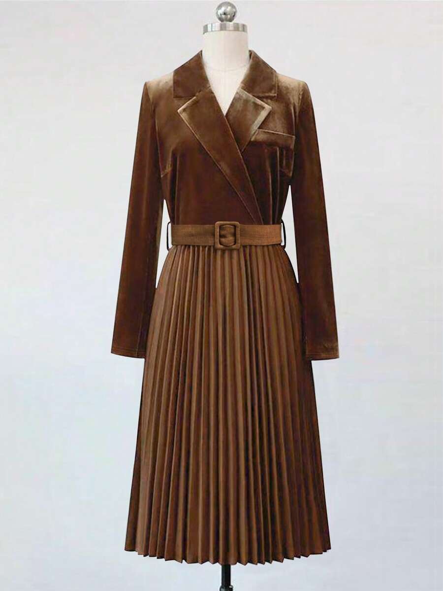 EMERY ROSE Women's Solid Color Minimalist Casual Collared Long Sleeve Pleated Dress - Coffee Brown - View 1