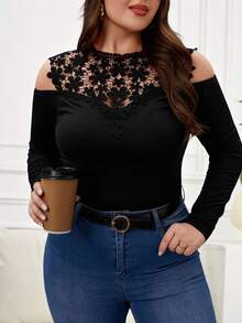 Reflora Plus Guipure Lace Appliques Cold Shoulder Tee - Black - View 1