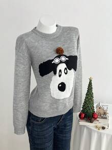 SHEIN Unity Women's Grey Dog Embroidery Pom Pom Jacquard Knit Sweater Top - Grey - View 6