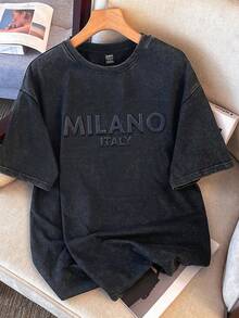 Manfinity Joysei 男士休闲黑色 3D 字母图案水洗 T 恤，夏季 - 黑色 - 查看 1