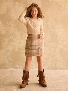 Tween Girls' V-Neck Cable Knit Pullover Sweater, Soft & Comfortable, Suitable For Daily, Outdoor, Travel, Vacation, Home, Daycare, And Children's Play Cropped Sweater