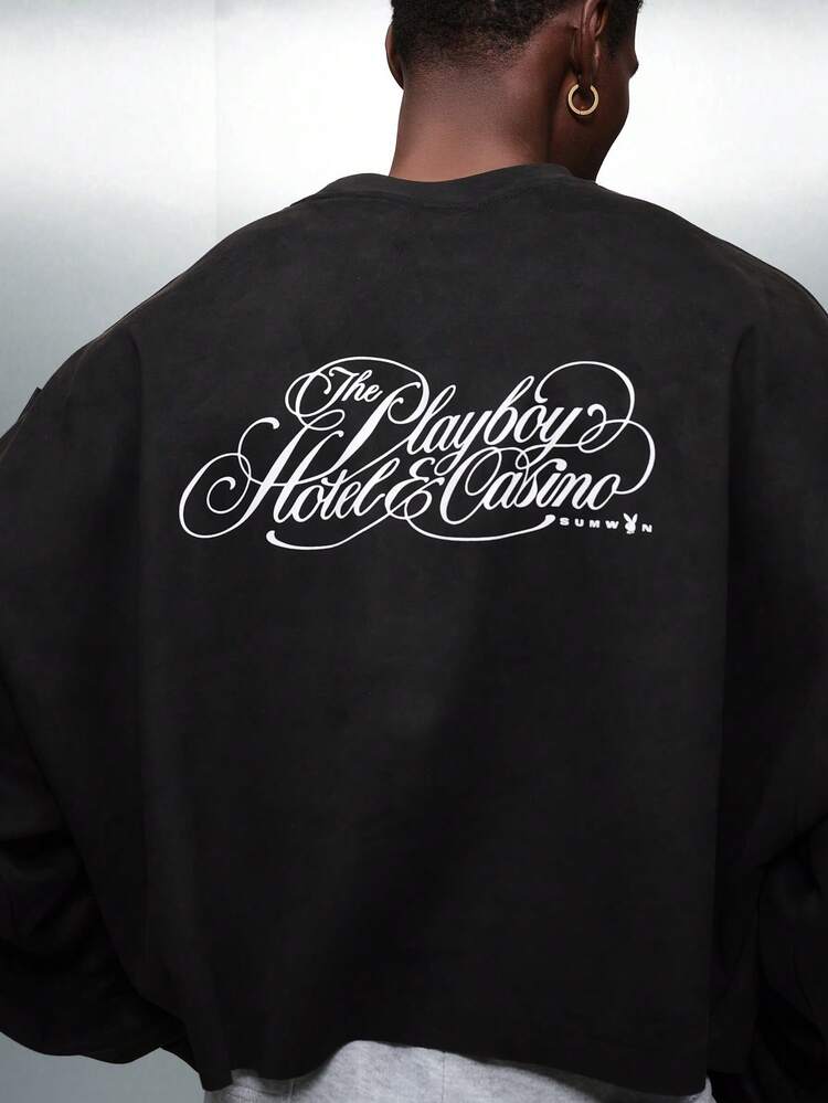 PLAYBOY X SUMWON Oversized Crop Sweatshirt With Stylish Script Print Perfect For Casual Layering And Streetwear Fashion