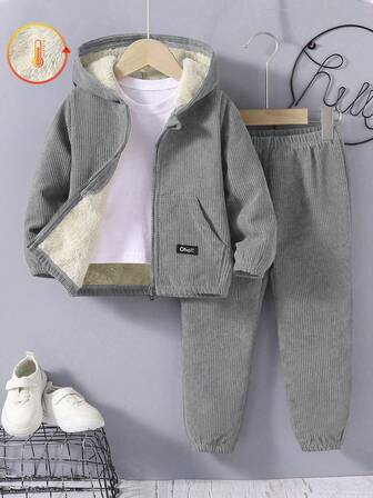 SHEIN 2pcs Young BoyCasual Solid Color Hoodie Jacket With Pockets & Thermal Lined Pants Set, Loose Fit, Warm For Autumn/Winter