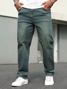 Manfinity Homme Plus Size Men's Casual Washed Slant Pocket Denim Jeans, Autumn