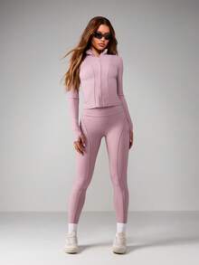 MISSGUIDED Active Zip-Up Sculpted Jacket And High-Rise Seamless Leggings Two Piece Athleisure Set For Women Fall Winter Collection