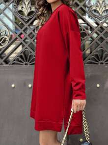 EURMUSE Cotton Solid Drop Shoulder Split Hem Sweatshirt Dress - Red - View 3