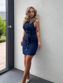 Jeta Ari Robe en jean d'été décontractée pour femme, col rond, sans manches, style monoboutonné - Jean brut - Voir 5