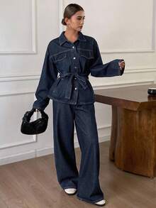 DAZY Autumn/Winter New Loose Casual Distressed Wash Waist Cinched Women Denim Suit - Dark Wash - View 4