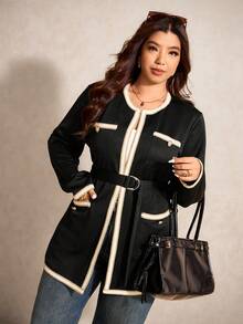 Elaquor Plus Size Elegant Commuter Color Block Ribbon Jacket Autumn Winter Clothes For Women - Black - View 6