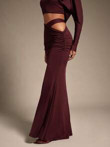 Hauture Falda larga de sirena marrón ciruela con corte lateral y fruncido para salir