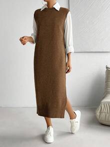 SHEIN LUNE Women's All-Match Versatile Commuter Long Dress - Coffee Brown - View 4