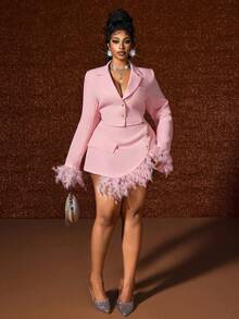 Maweii 2pcs/Set Fashionable Pink Plush Blazer Jacket Paired With Blazer Skirt - Pink - View 1