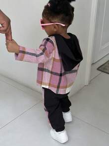 SHEIN 2 pièces Ensemble veste à capuche rose à carreaux patchwork et pantalon à taille élastique pour bébé fille, doux et polyvalent, vêtements de bébé fille pour le printemps/automne/hiver