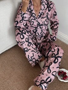 SHEIN 蝴蝶结星星印花翻领长袖上衣和裤子睡衣套装 秋冬服装 - 藕粉色 - 查看 3