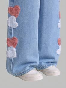 2025 Herbst/Winter Neue Jeans für Kleine Mädchen, modische Herz-Stickerei Lässig Straight Leg Loose Fit Thermofutter Jeans, bequeme Vintage gewaschene Blau Jeans mit mittlerer Taille, geeignet für Straße, Lässig, Retro, Streetwear, Loose, Straight Leg, Fitted, Alltag, Schule, Pendeln, Party, Zuhause, Halloween - Mittele Waschung - Übersicht 5
