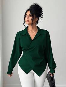 Elenzga Plus Size Women's Solid Color Asymmetric Hem Wrap Front Elegant Long Sleeve Blouse - Dark Green - View 4