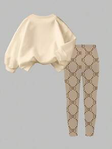 SHEIN 2 Stücke Mädchen-Set: Lässiges, modisches Set aus Sweatshirt und Leggings mit buntem Cartoon-Blumen-Schleifen-Print, Rundhalsausschnitt, Herbst-Outfit - Verschiedenfarbig - Übersicht 2