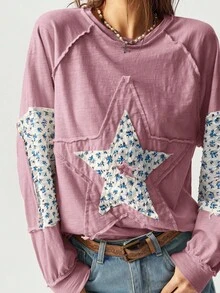 Bohemela Camiseta de manga larga con estampado de estrella de cinco puntas, estilo callejero y urbano para mujer de talla grande