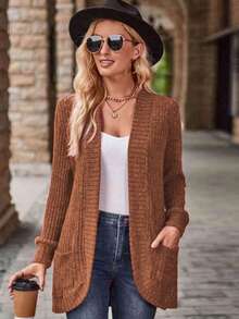 EMERY ROSE 女式休闲罗纹拉绒前开侧袋短裤薄夹克 - 棕色 - 查看 5