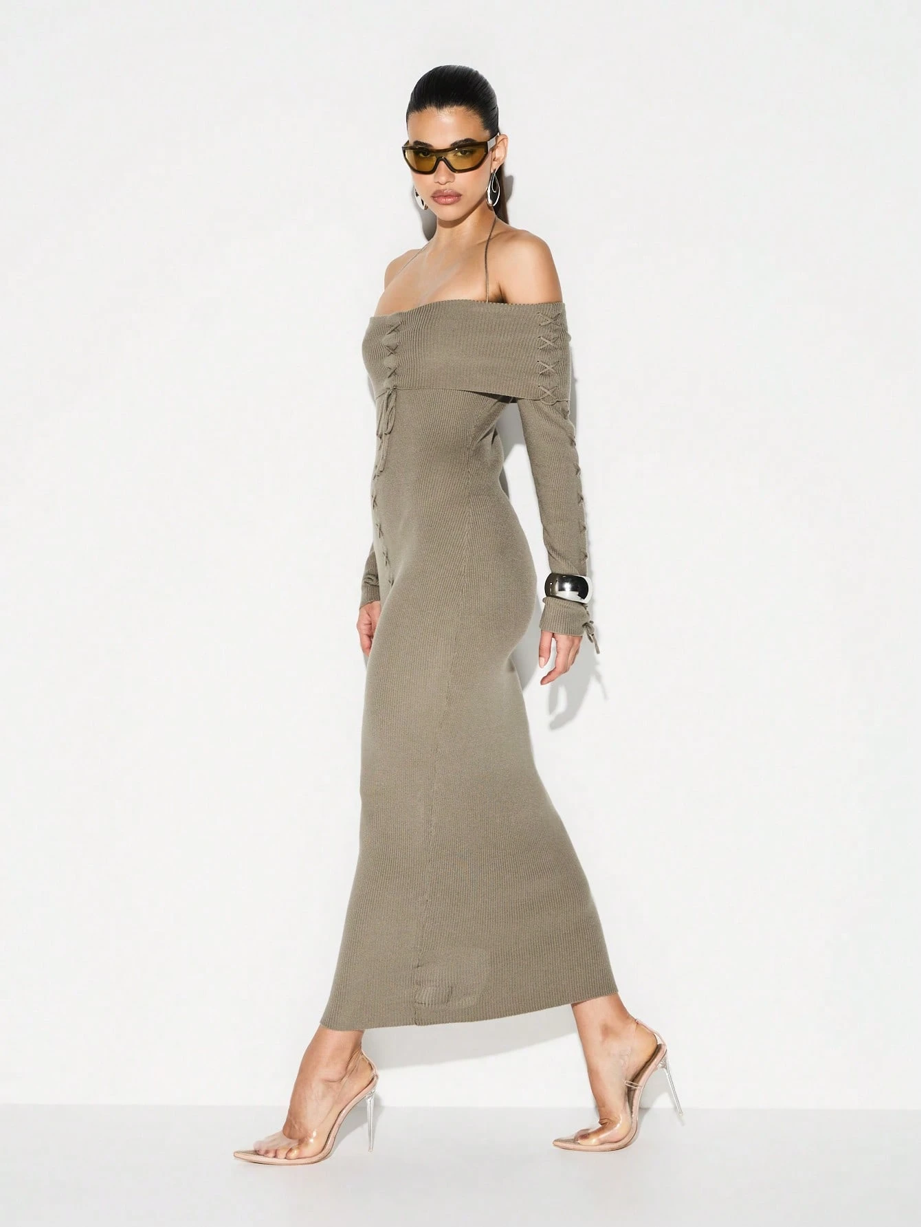 KIZN Off Shoulder Lace Up Ribbed Knit Dress