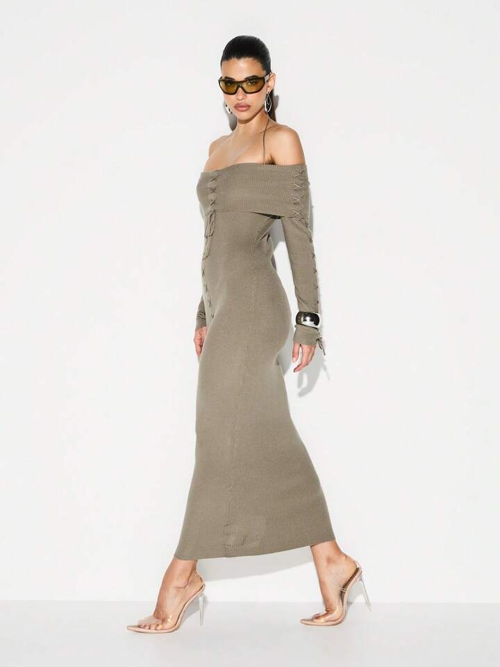 lace up ribbed dress LAPOINTE Shiny Viscose Lace-up Dress