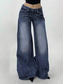 DAZY Women's Casual Washed Low Waist Wide Leg Jeans Y2k - Blue - View 2