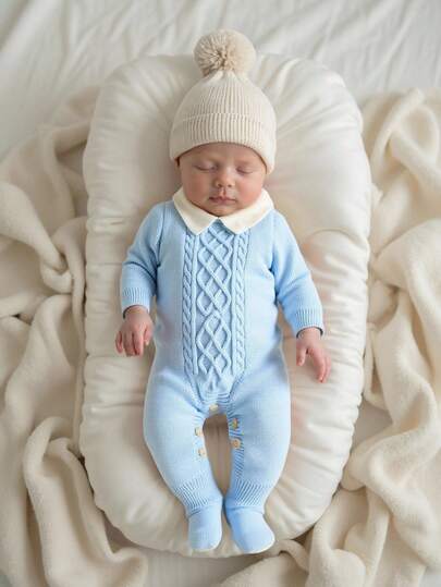 SHEIN Baby Sweater Jumpsuit, Newborn Infant Unisex Turtleneck Long Sleeve Knitted Jumpsuit With Feet, Comfortable For Autumn/Winter, Elegant & Fashionable For Home, Daily Wear, And Travel Baby Blue Knitted Outfit For Baby Newborn Sweater Romper Baby Knit Jumpsuit 0 3 Months Boy Winter Newborn Baby Layette Set