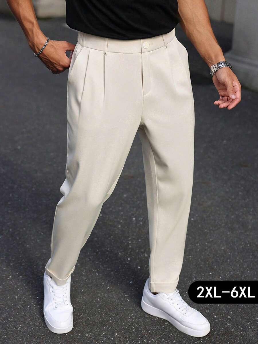 Manfinity Mode Manfinity Plus Size Men's Suit Pants, Waist Rivet Design, Business Casual Fashion Versatile Straight Leg Trousers, Great Gift For Boyfriend Or Husband Beige Pants For Men Men High Waisted Pants Men Pleated Suit Pants Khaki Dress Pants Men Cream Pants Men