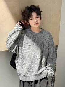 DAZY Tween Boys Grey Knitwear Pullover Sweater Regular Length Round Neck Drop Shoulder Long Sleeve Plain Design - Grey - View 3