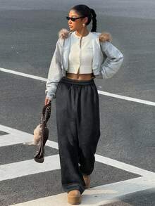 Muchica 女式复古做旧宽松保暖内衬运动裤，秋冬 - 黑色 - 查看 4