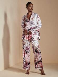 JIAN LASALA 多色印花缎面丝绸般低腰弹力阔腿睡裤睡衣奢华时尚服饰系列优雅下装 - 彩色 - 查看 2