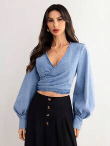 Elenzga 女士休闲牛仔衬衫 - 藍色 - 查看 3