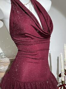 Elamini Đầm ngắn hở lưng cổ xẻ sâu gợi cảm thời trang - Màu Đỏ Sâu - Xem 4