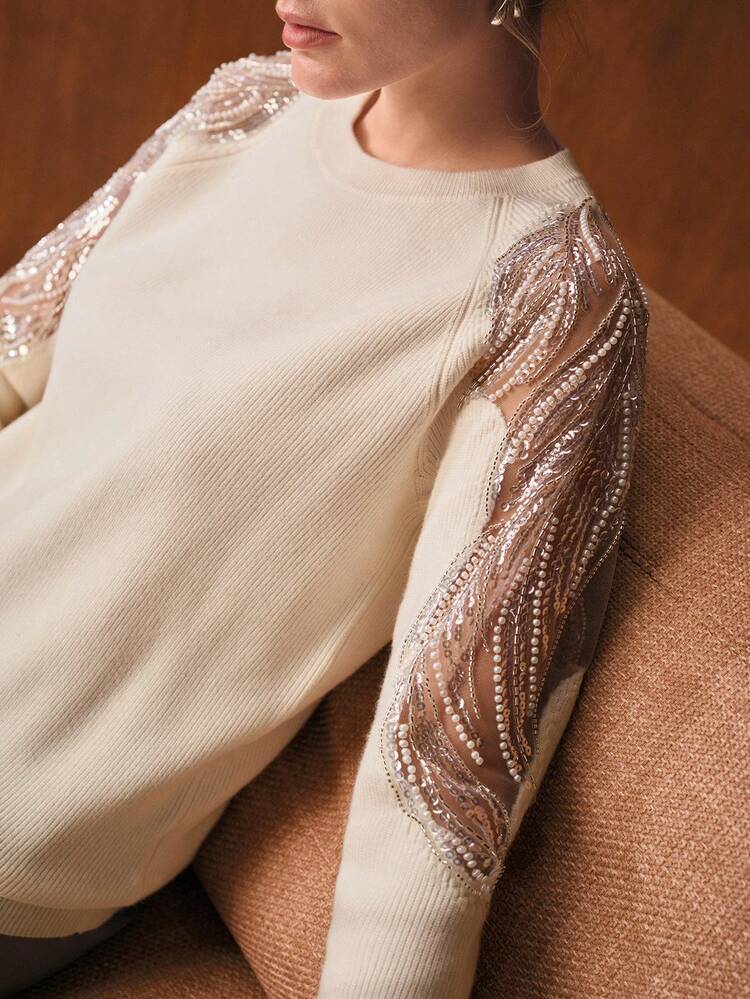 Beaded Round Neck Long Sleeve Elegant Knitted Sweater, Autumn/Winter