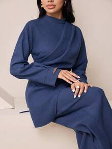 Veilorie 2pcs Women's Arabic Style Outfit (Long Sleeve Top And Wide Leg Pants Set) - Dusty Blue - View 2