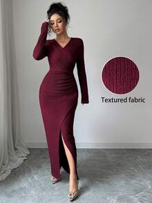 Modelyn Damen gestricktes rotes langärmliges figurbetontes Kleid aus strukturiertem Stoff, geeignet für Ausgänge - Rot - Übersicht 3
