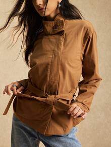 Easelle Women's Brown Woven Stand Collar Drop Shoulder Long Sleeve Fashionable And Versatile Regular Coat, Perfect For Autumn And Winter - Brown - View 5