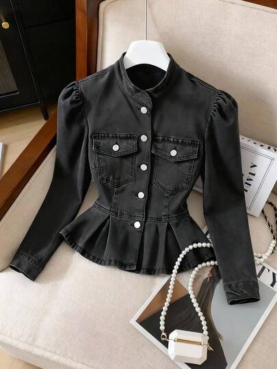 GlowEve 纯色荷叶边饰纽扣前口袋休闲长袖牛仔衬衫