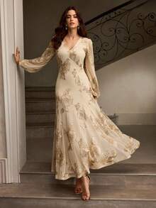 ZEYLAH Váy hoa hở lưng, cổ chữ V, nhún bèo, ôm sát, viền xòe, thu/đông - Màu be - Xem 4