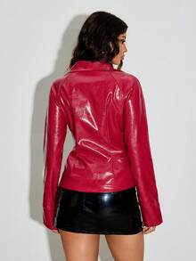 TRNVIE 1pc Women's Regular Fit Burgundy Faux Leather Cinched Waist Wide Collar Motorcycle Jacket, Autumn/Winter - Burgundy - View 2