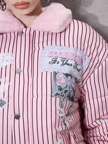 ROMWE Avant 女式复古可爱卡哇伊美学丝带蝴蝶结心形翅膀印花毛绒拼布夹棉大衣，百搭 - 淺粉色 - 查看 3