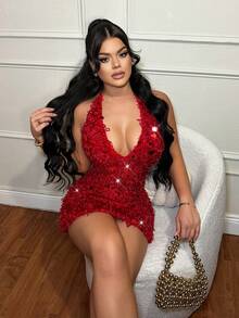 SHEIN SXY Đầm ngắn hở lưng đính sequin đỏ thời trang gợi cảm dự tiệc - Đỏ - Xem 4