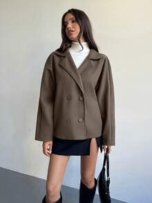 Aloruh 优雅别致露肩宽松高领双排扣羊毛外套，秋冬 - 棕色 - 查看 5