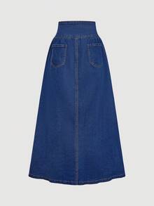 Sweetra 时尚休闲宽腰带前开牛仔A字裙 - 中等水洗藍 - 查看 2