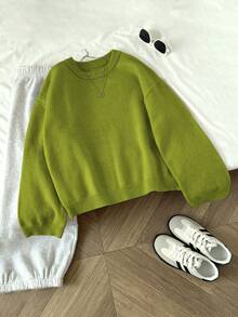 Elamini 女式纯色圆领长袖休闲套头毛衣，秋冬 - 綠色 - 查看 3